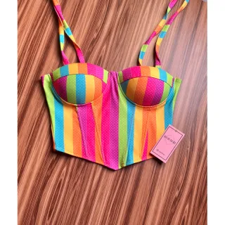 Corset com bojo floral onça amarrar no ombro, colorido e candy colors - 5-bolinha candy