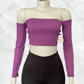 Canelado Cropped Feminino Ombro a Ombro - Várias Cores - Branco