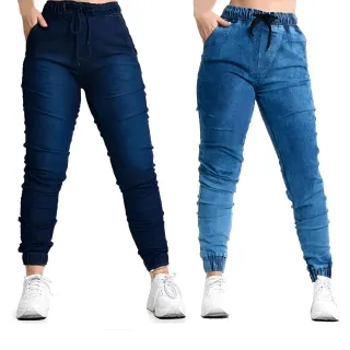 Estilosas calças femininas jogger com punho, bolso e elastano - jogger jeans feminina