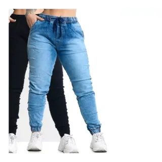 Estilosas calças femininas jogger com punho, bolso e elastano - jogger jeans feminina