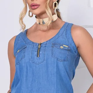 Blusa feminina jeans regata verão com bolso e zíper - JEANS ESCURO