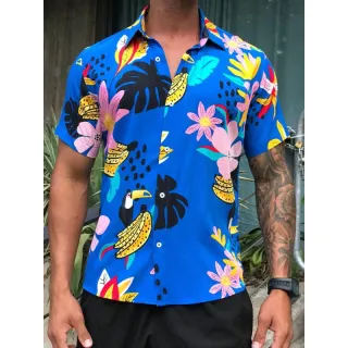 Verão 2021 Camisa Masculina Social Floral Florida Havaiana - Azul com preto