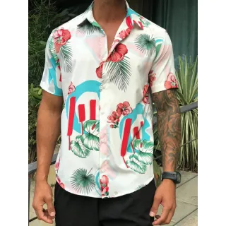 Verão 2021 Camisa Masculina Social Floral Florida Havaiana - Azul com preto