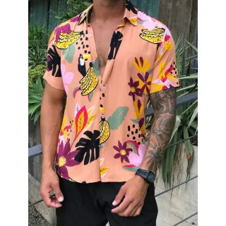 Verão 2021 Camisa Masculina Social Floral Florida Havaiana - Azul com preto