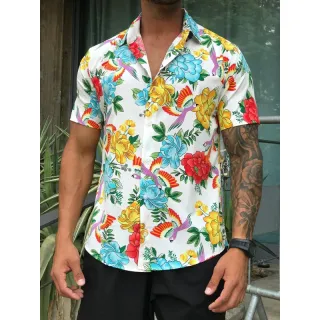 Verão 2021 Camisa Masculina Social Floral Florida Havaiana - Azul com preto