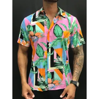 Verão 2021 Camisa Masculina Social Floral Florida Havaiana - Azul com preto