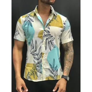 Verão 2021 Camisa Masculina Social Floral Florida Havaiana - Azul com preto