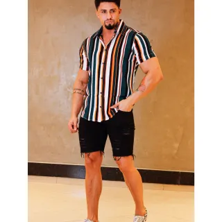 Promoção: Camisas Slim Unisex Estampada Listrada Alta Qualidade - M