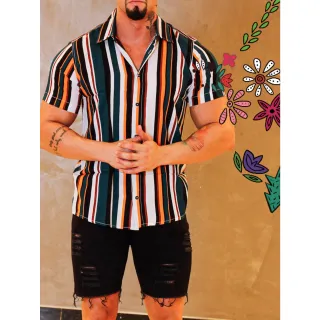 Promoção: Camisas Slim Unisex Estampada Listrada Alta Qualidade - M