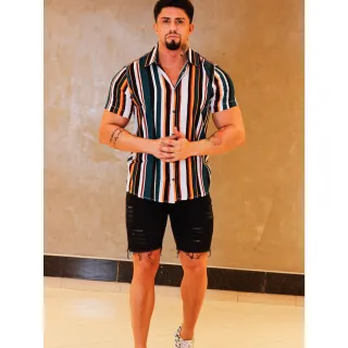 Promoção: Camisas Slim Unisex Estampada Listrada Alta Qualidade - M