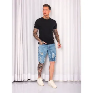 Rasgado 100% Algodão Bermuda Jeans Sarja Masculino - SKY rasgado#2
