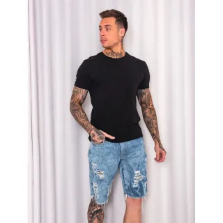 Rasgado 100% Algodão Bermuda Jeans Sarja Masculino - SKY rasgado#2