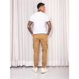 Calça Jogger Masculina com punho em jeans sarja - Modelo Cargo - Cinza