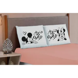 Mickey Minnie Eu te amo - Jogo de lençol King/Queen 3 peças estampado com elástico - Salmão preto