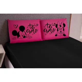Mickey Minnie Eu te amo - Jogo de lençol King/Queen 3 peças estampado com elástico - Salmão preto