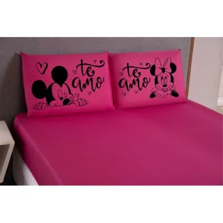 Mickey Minnie Eu te amo - Jogo de lençol King/Queen 3 peças estampado com elástico - Salmão preto