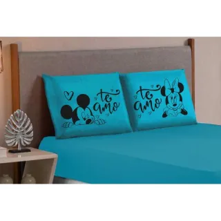 Mickey Minnie Eu te amo - Jogo de lençol King/Queen 3 peças estampado com elástico - Salmão preto