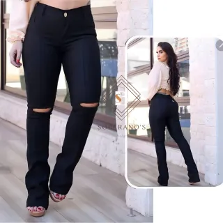 Cintura Alta Calça Jeans Feminina Flare Levanta Bumbum Cós Alto - FLARE PRETA LISA