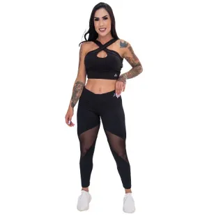 Cintura alta Legging Fitness Arrastão Detalhes - Preto