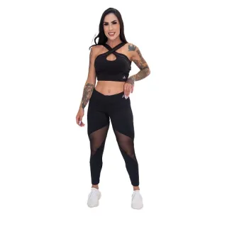 Cintura alta Legging Fitness Arrastão Detalhes - Preto