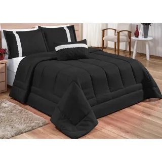 Jogo de Lençol Queen Padrão + Kit 6 Peças Edredom Oliveira - Cinza