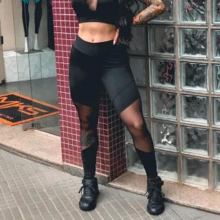 Suplex Fitness Legging Cintura Alta com Tule - Preto c/ mescla