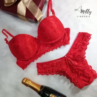 Kit Lingerie Feminina Sexy Bojo - 3 Unidades Calcinha Renda/Rendada - Preto/ Vermelho / Vinho