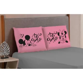Mickey Minnie Eu te amo - Jogo de lençol King/Queen 3 peças estampado com elástico - Salmão preto