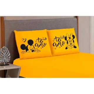 Mickey Minnie Eu te amo - Jogo de lençol King/Queen 3 peças estampado com elástico - Salmão preto