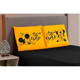 Mickey Minnie Eu te amo - Jogo de lençol King/Queen 3 peças estampado com elástico - Salmão preto