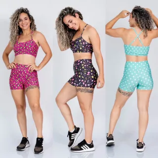 Top de alcinha cruzada sem bojo com Conjunto Fitness short - onça rosa/amarelo