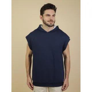 Blusa Masculina de Moletinho para Academia, sem manga e com capuz - Azul