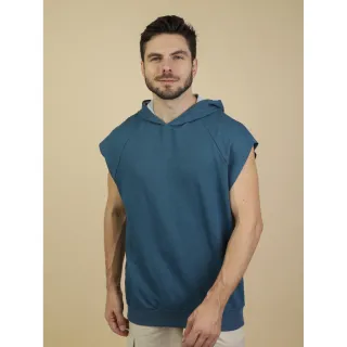 Blusa Masculina de Moletinho para Academia, sem manga e com capuz - Azul