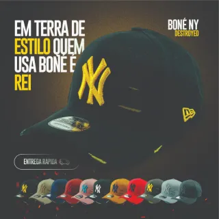 Rasgado Aba Curva NY New York Destroyed Boné Masculino Feminino - Preto/Amarelo