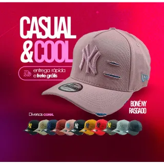 Rasgado Aba Curva NY New York Destroyed Boné Masculino Feminino - Preto/Amarelo