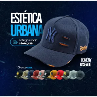 Rasgado Aba Curva NY New York Destroyed Boné Masculino Feminino - Preto/Amarelo