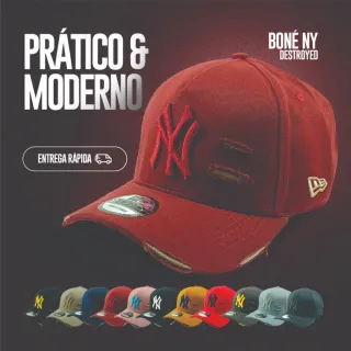 Rasgado Aba Curva NY New York Destroyed Boné Masculino Feminino - Preto/Amarelo