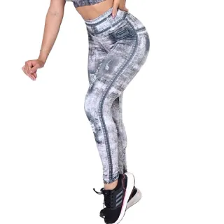 Legging Estampada Feminina Fitness Grossa - Fake jeans cinza