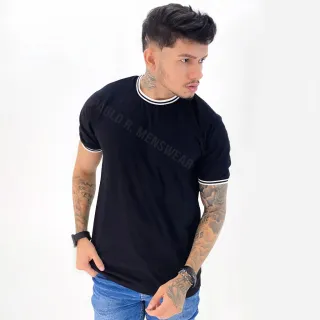Camiseta Listrada Masculina em Malha de Algodão - Verde musgo