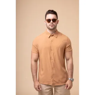 Camisa masculina manga curta em VISCOSE - Cores lisas, botões frontais - Marrom