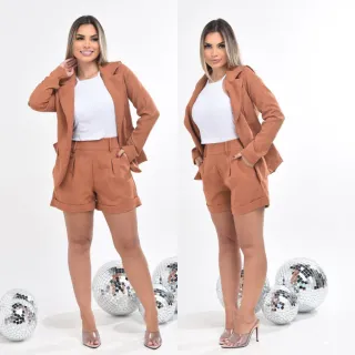 Conjunto de blazer e short em linho, cores azul, preto, pink, verde bandeira e militar - Preto