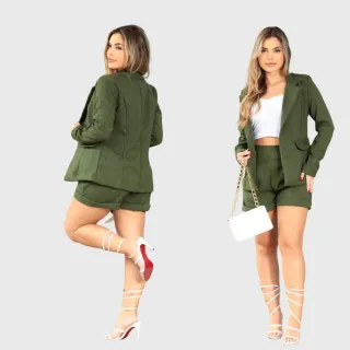 Conjunto de blazer e short em linho, cores azul, preto, pink, verde bandeira e militar - Preto