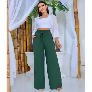 Moda Super Envio! Calça Pantalona Feminina Cintura Alta com Bolso - Branco