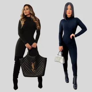 Moda Gringa Premium: Macacão Longo Canelado 3D com Zíper - Preto