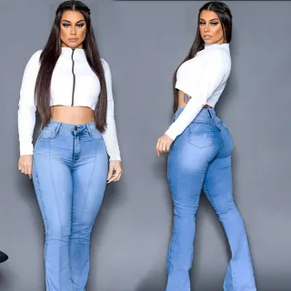 Cintura Alta Calça Jeans Feminina Flare Levanta Bumbum Cós Alto - FLARE PRETA LISA