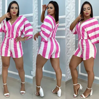 Moda feminina: Macaquinho curto listrado com gola V e manga flare - Verde com 2 listra