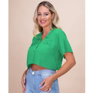Viscolinho Blusa Feminina Cropped Camisa Verão 2023 - mostarda