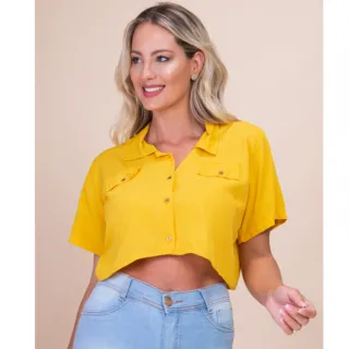 Viscolinho Blusa Feminina Cropped Camisa Verão 2023 - mostarda