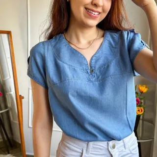 Blusa jeans feminina com gola padre e manga com botão - JEANS ESCURO