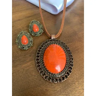 Moda Afro Feminino - Conjunto Triplo Colar Couro e Brincos Vintage Etnico - Mod 4